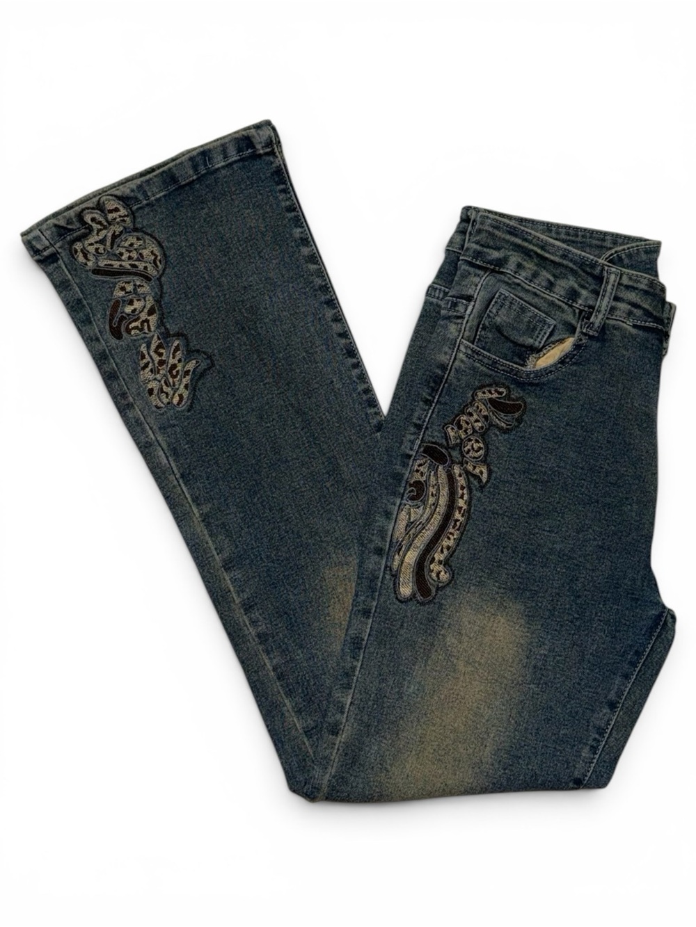 Y2K Distressed Embroidered Flare Jeans